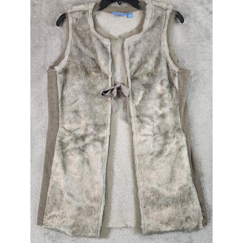 Simply Vera Vest Womens Small Grey Faux Fur Ribbed Knit Sides Tie Front